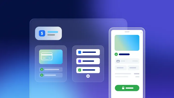 Payment integration illustration with dashboard cards and mobile checkout screen showing credit card and secure pay button