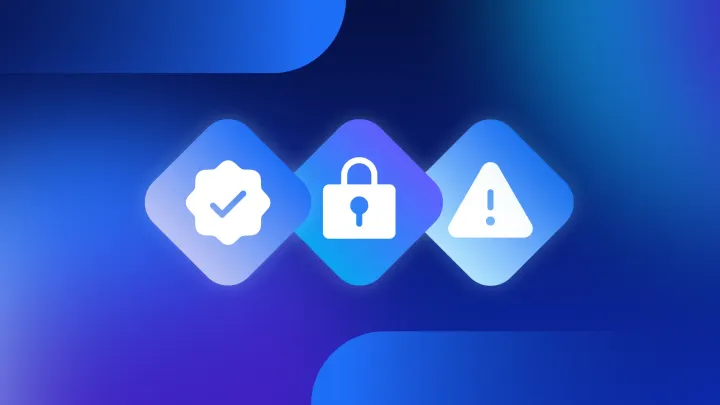 A check, lock, and warning logo in diamonds on a blue background 