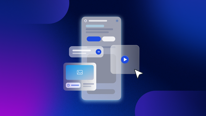 A mockup of a phone display with overlaid media button, image feature, and a field with an arrow button.