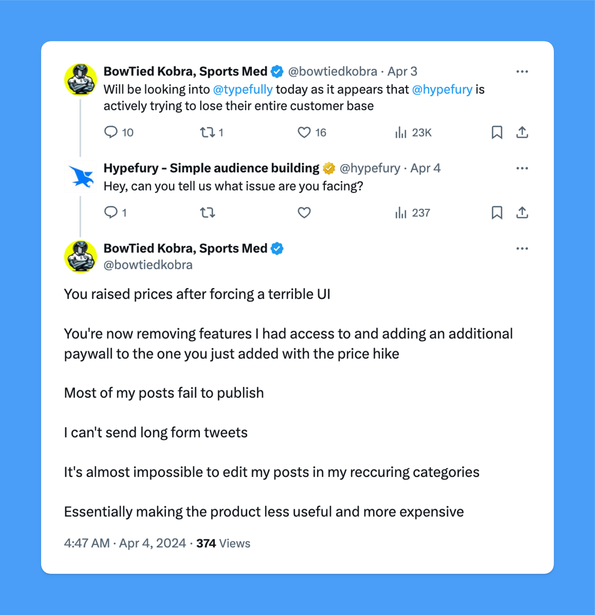 Angry customers with Hypefury's service