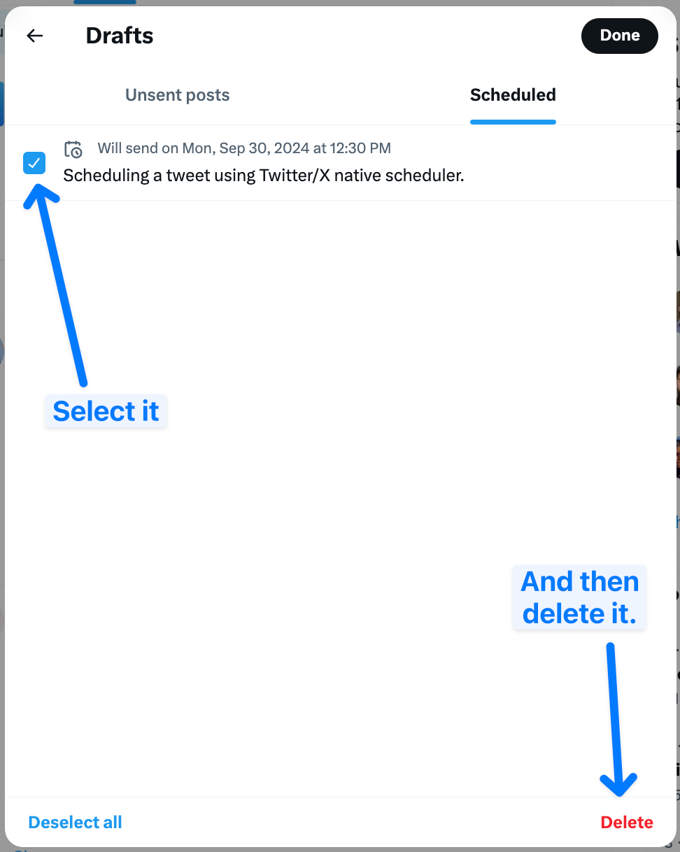 how to delete a scheduled tweet