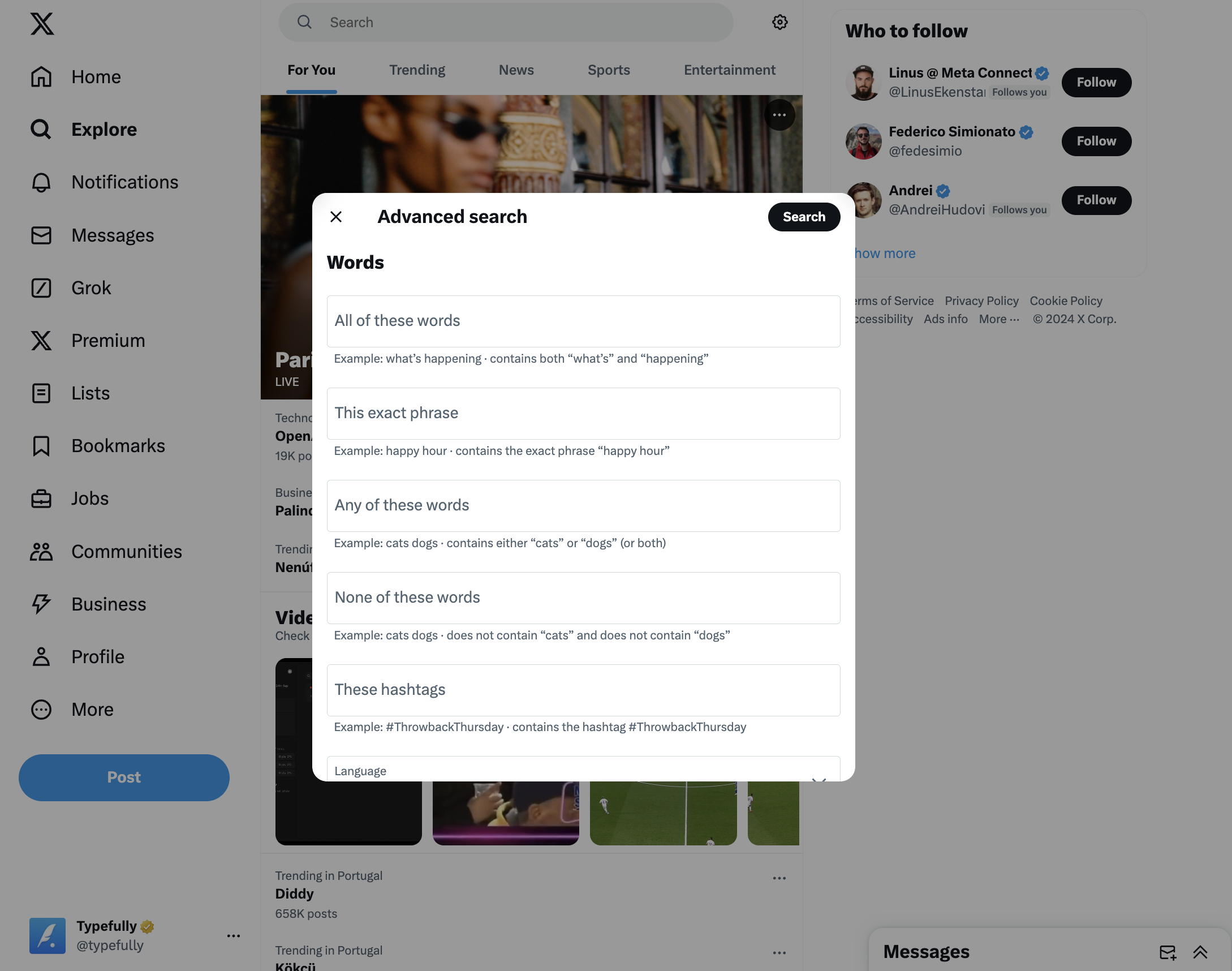 twitter advanced search pop-up window