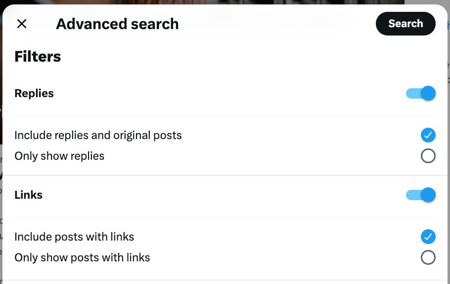 twitter advanced search for replies and links