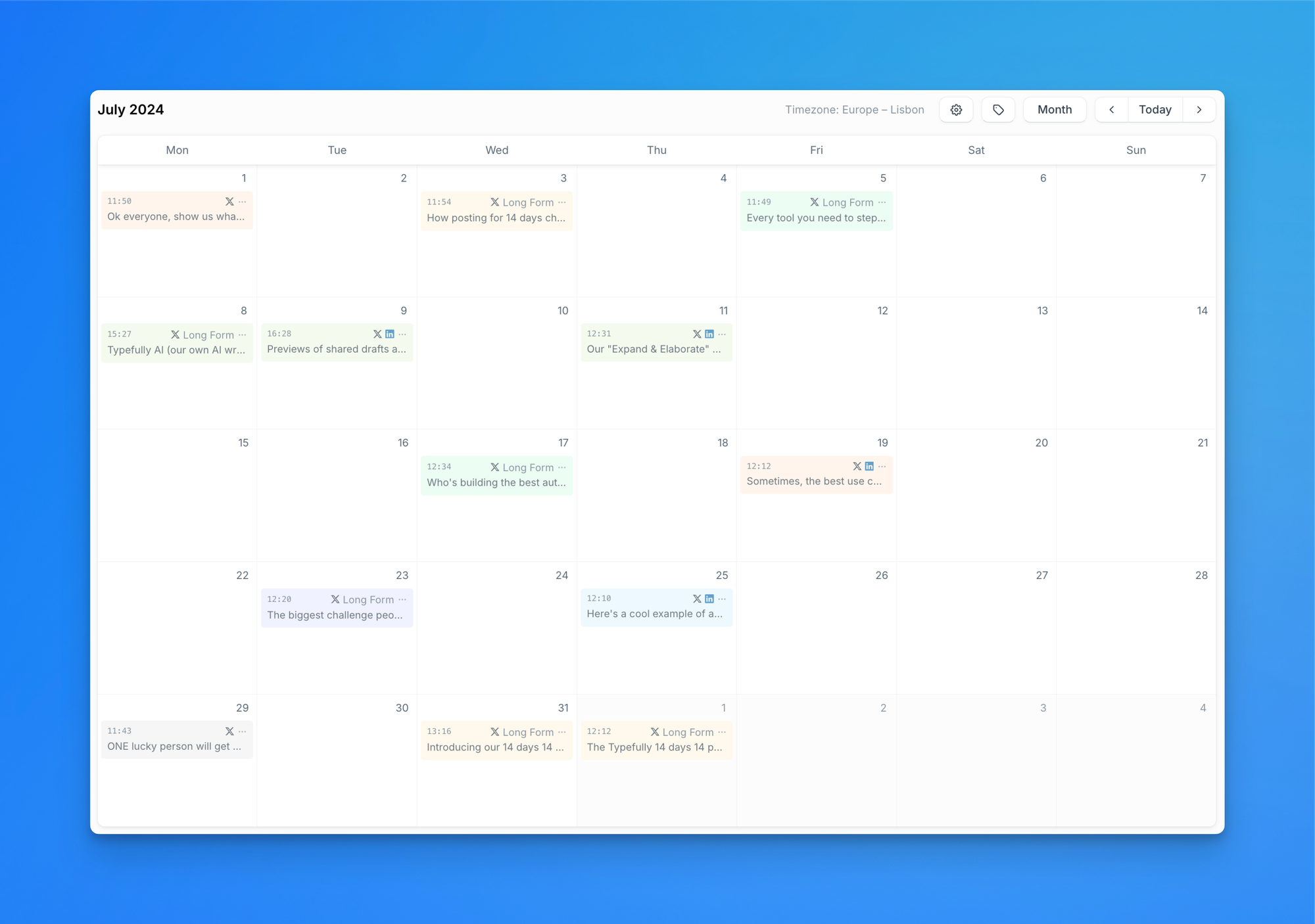 the calendar view of a twitter scheduling tool