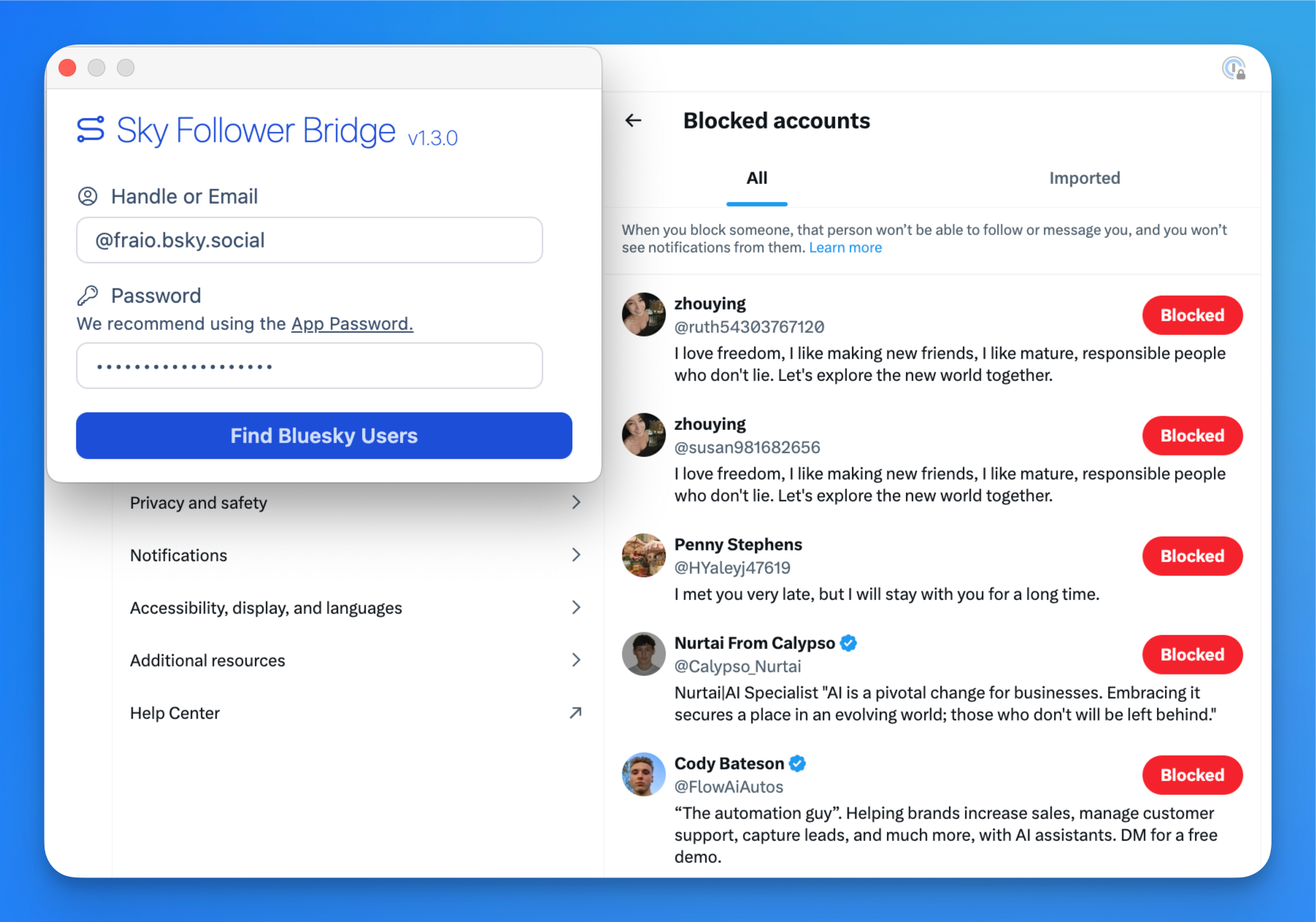 find blocked accounts from twitter on bluesky