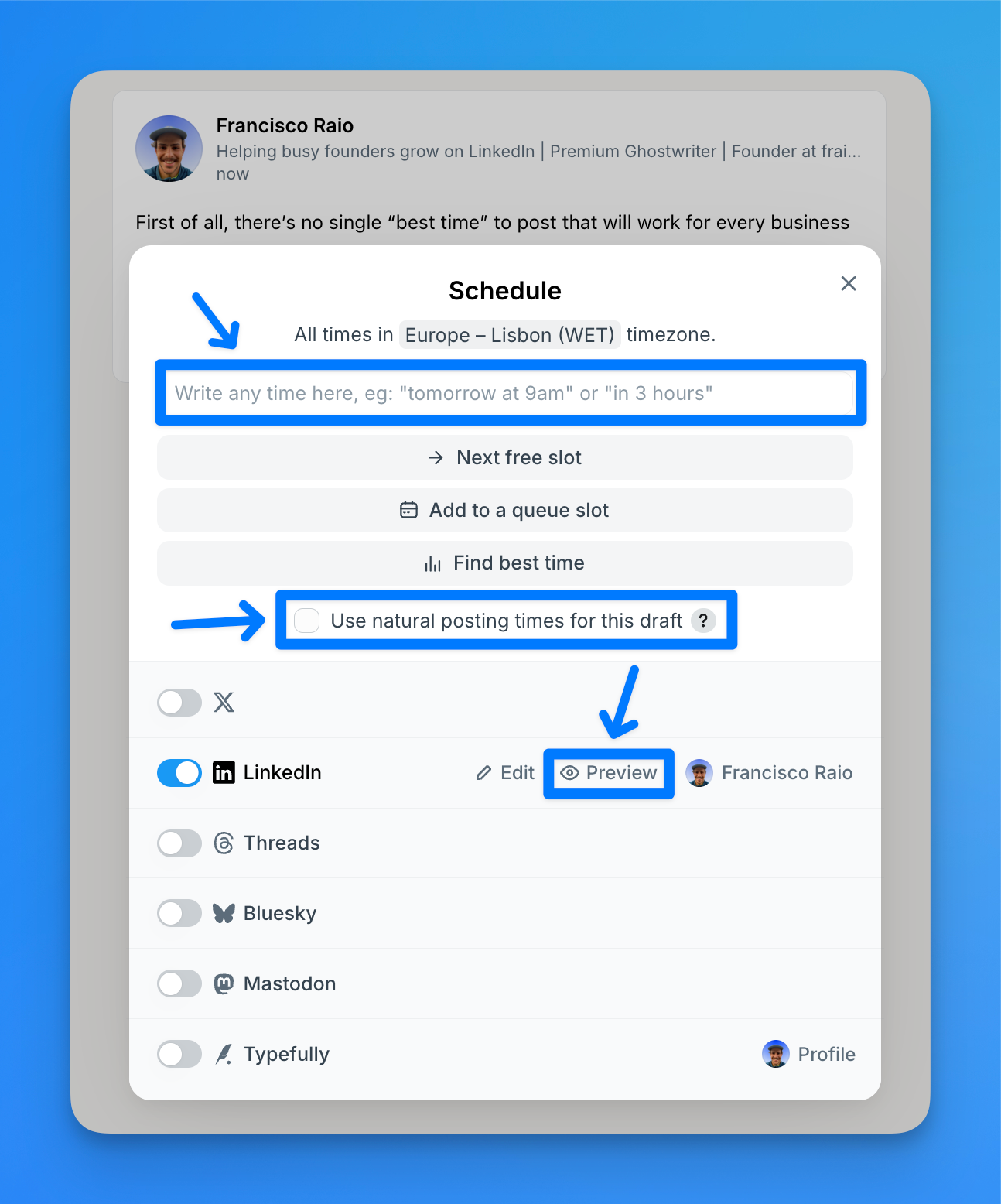 different scheduling tips for linkedin posts on typefully