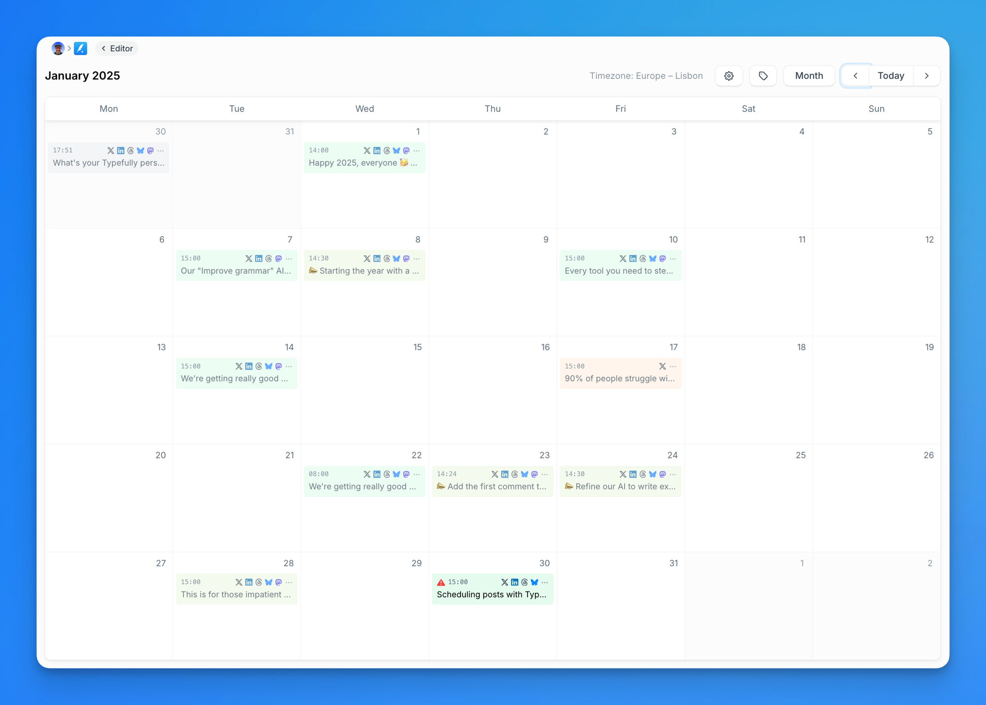 typefully calendar view for linkedin scheduled posts
