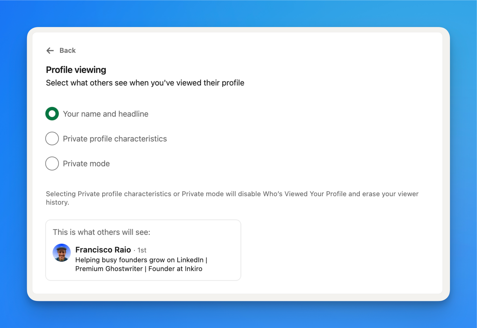 linkedin private mode image