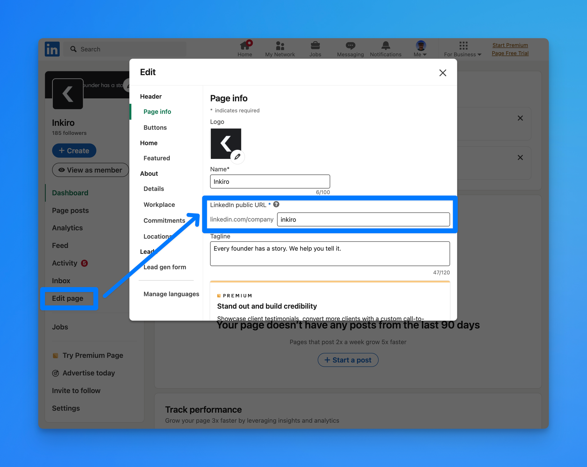 change/edit linkedin company page url