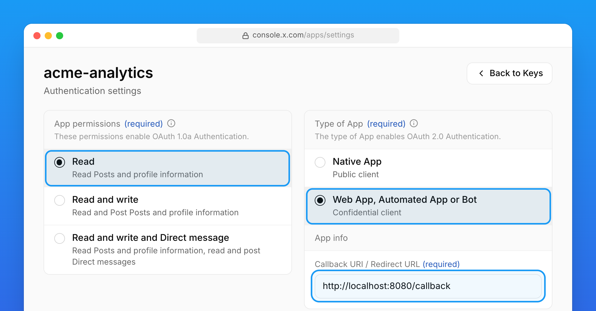 X Developer Console authentication settings with Read permissions, Web App type, and the xurl callback URL highlighted