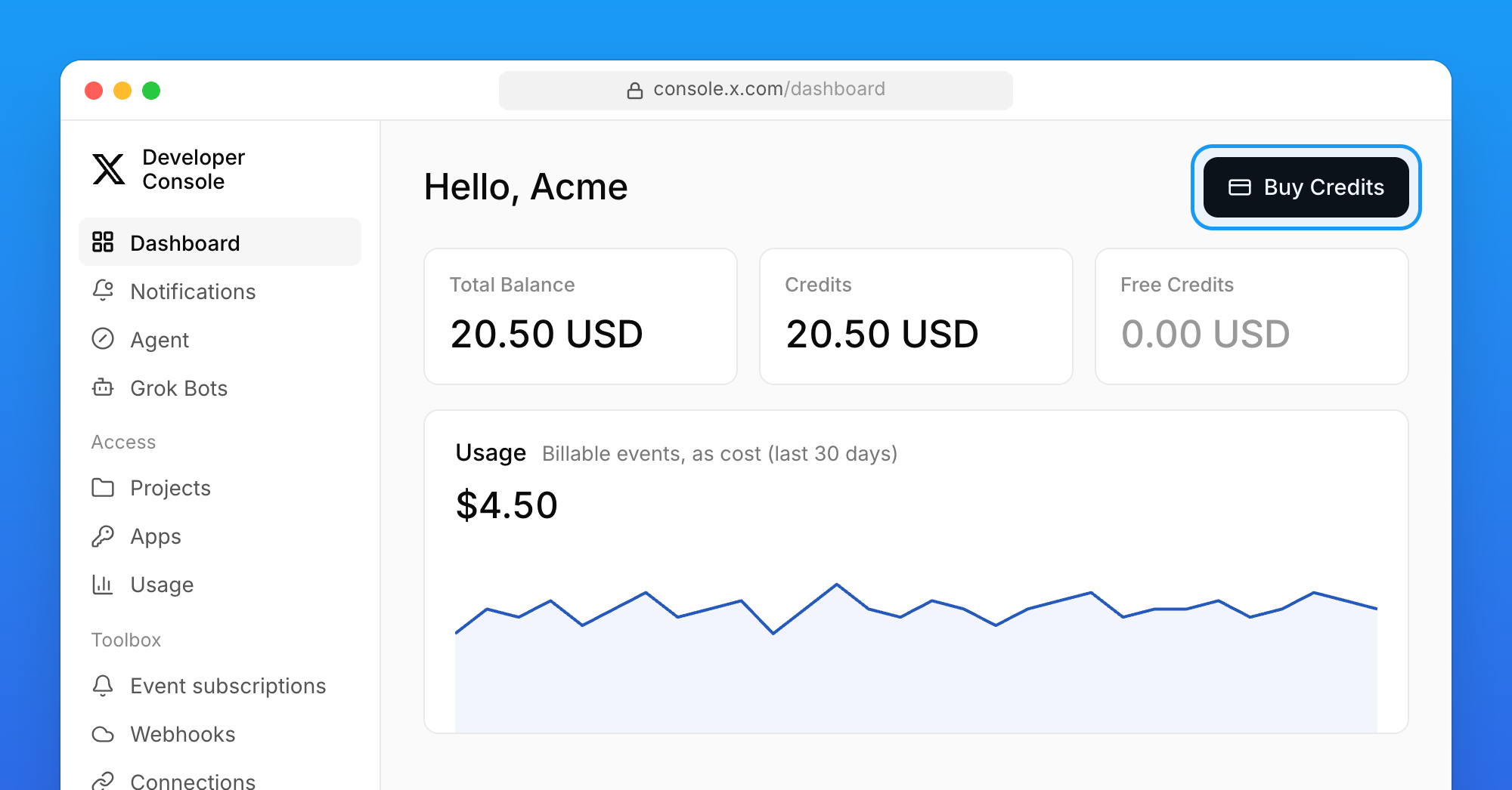 X Developer Console dashboard with credit balances, the Buy Credits button, and 30-day usage