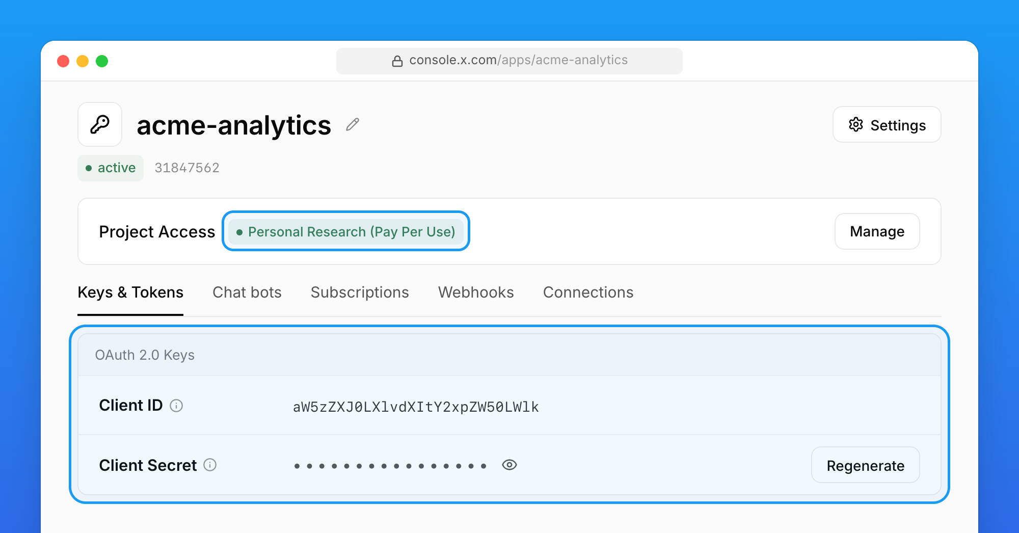 X Developer Console app page with Project Access on Pay Per Use and the OAuth 2.0 Client ID and Client Secret highlighted