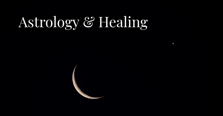 A thin crescent Moon with a single star against a black background with the words Astrology & Healing.
