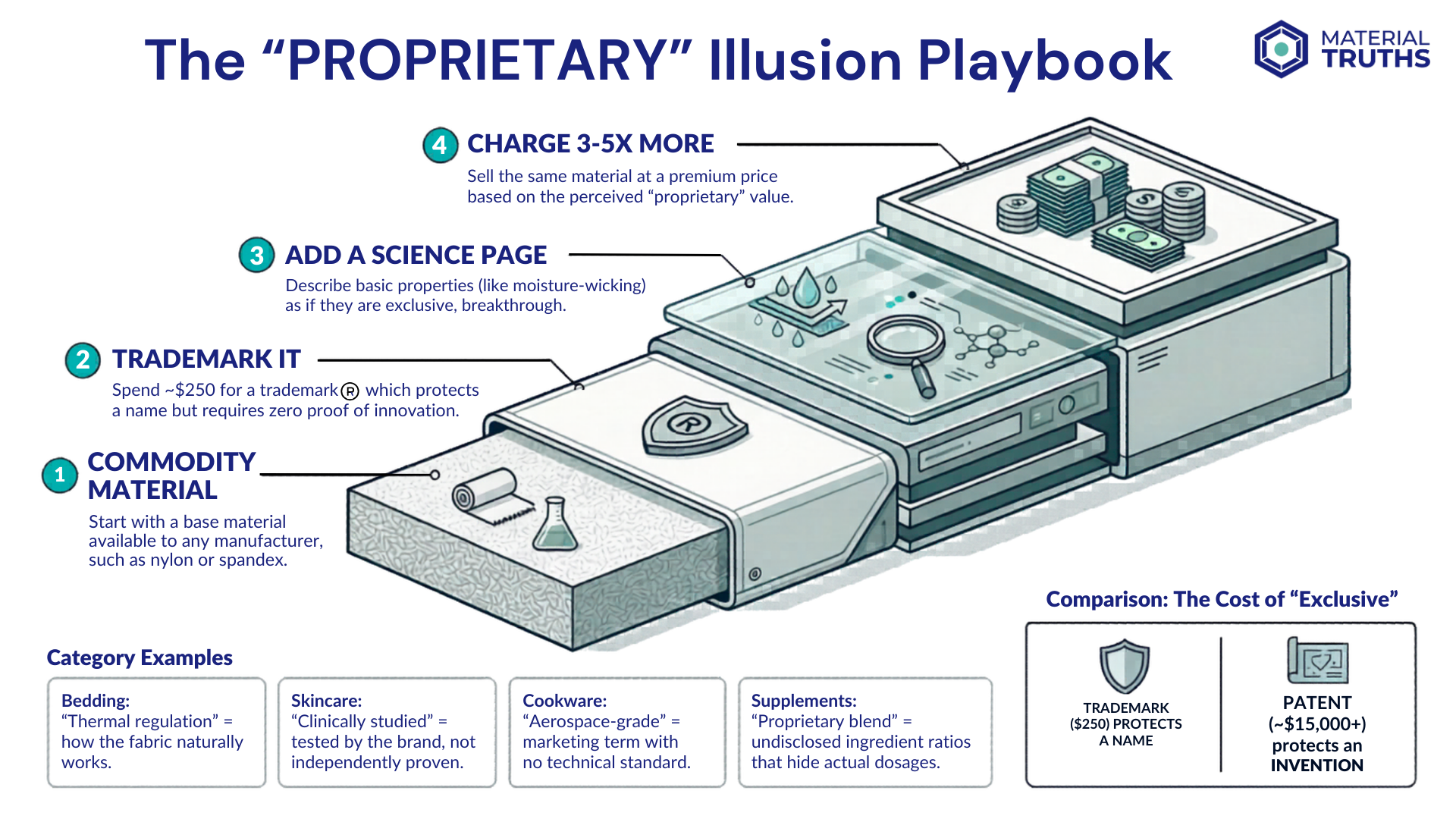 Infographic: The Proprietary Illusion Playbook — four-step process from commodity material to 3-5x markup, trademark costs $250 vs patent costs $15,000+