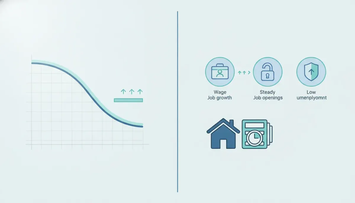 Editorial infographic showing cooling job growth with steady unemployment and housing context represented by house silhouette and abstract mortgage chart symbols, no text.