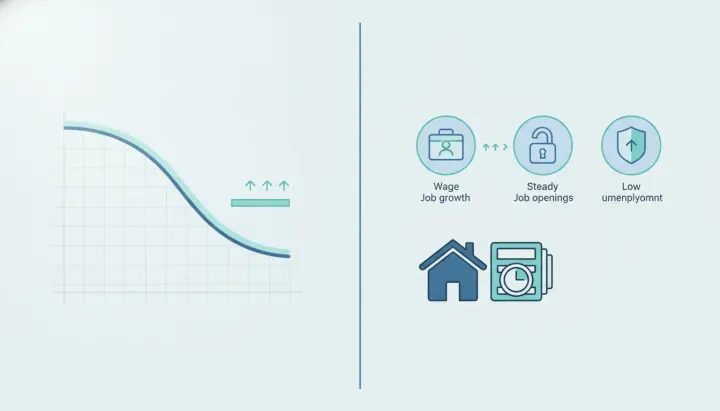 Editorial infographic showing cooling job growth with steady unemployment and housing context represented by house silhouette and abstract mortgage chart symbols, no text.