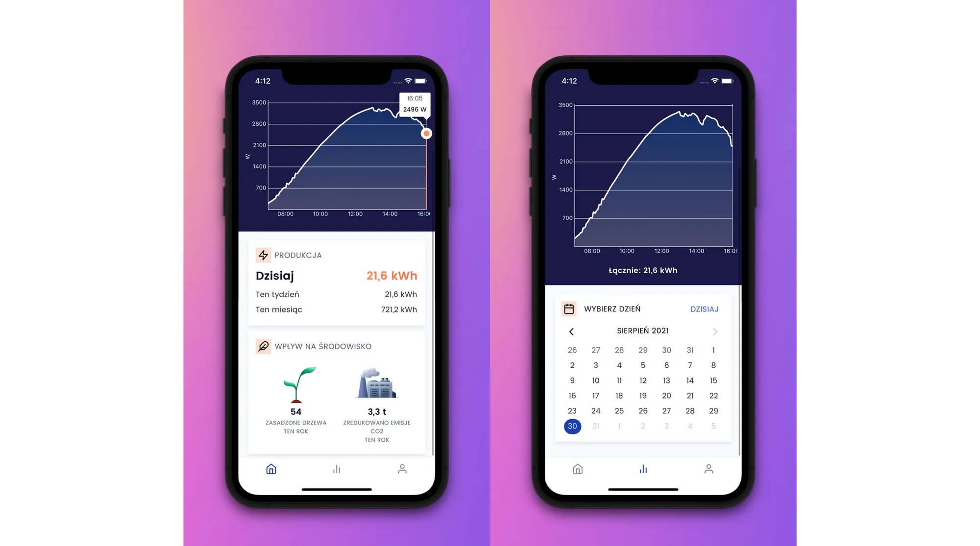 Wygląd ekranu wpływu na środowisko oraz kalendarz w aplikacji Otovo Solar