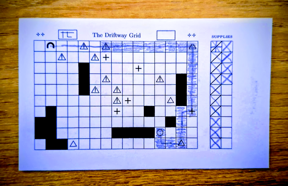 A square grid map showing a variety of symbols, a pencil trail showing a route and shading over parts of the trail.