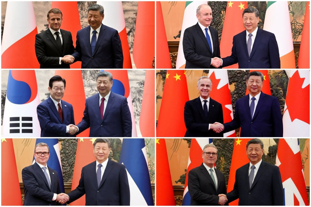 Xi Jinping shaking hands with: Emmanual Macron (France); Michael Martin (Ireland); Lee Jae-myung (South Korea); Mark Carney (Canada); Peteri Orppo (Finland); Kier Starmer (UK). 