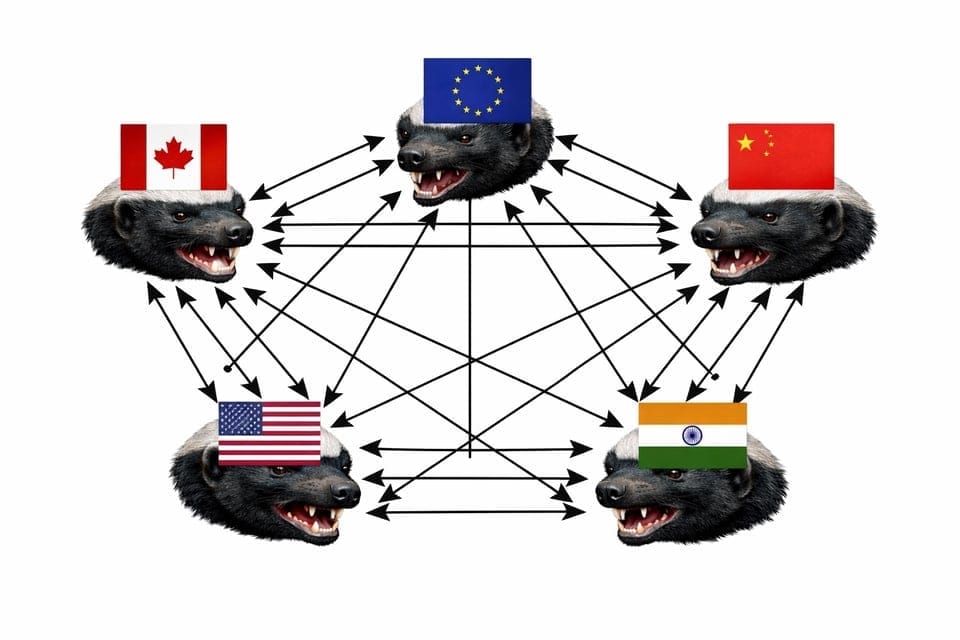 Mock geopolitics schematic: Five badgers with bi-directional arrows pointing between all of them. Each badger has a flag: US; Russia; China; Canada; EU.