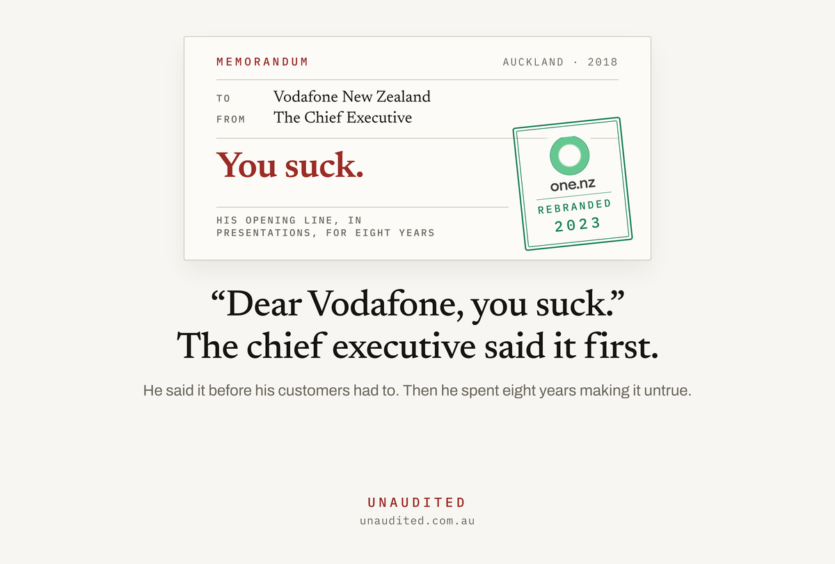 Memo from the chief executive to Vodafone New Zealand reading "You suck", Auckland 2018, stamped One NZ rebranded 2023