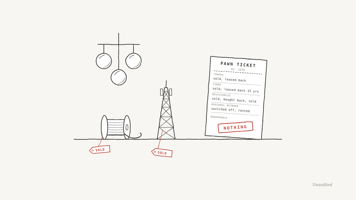 Sketch for Pawning the Silver: a cable drum and a mobile tower tagged sold, beside a pawn ticket stamped nothing