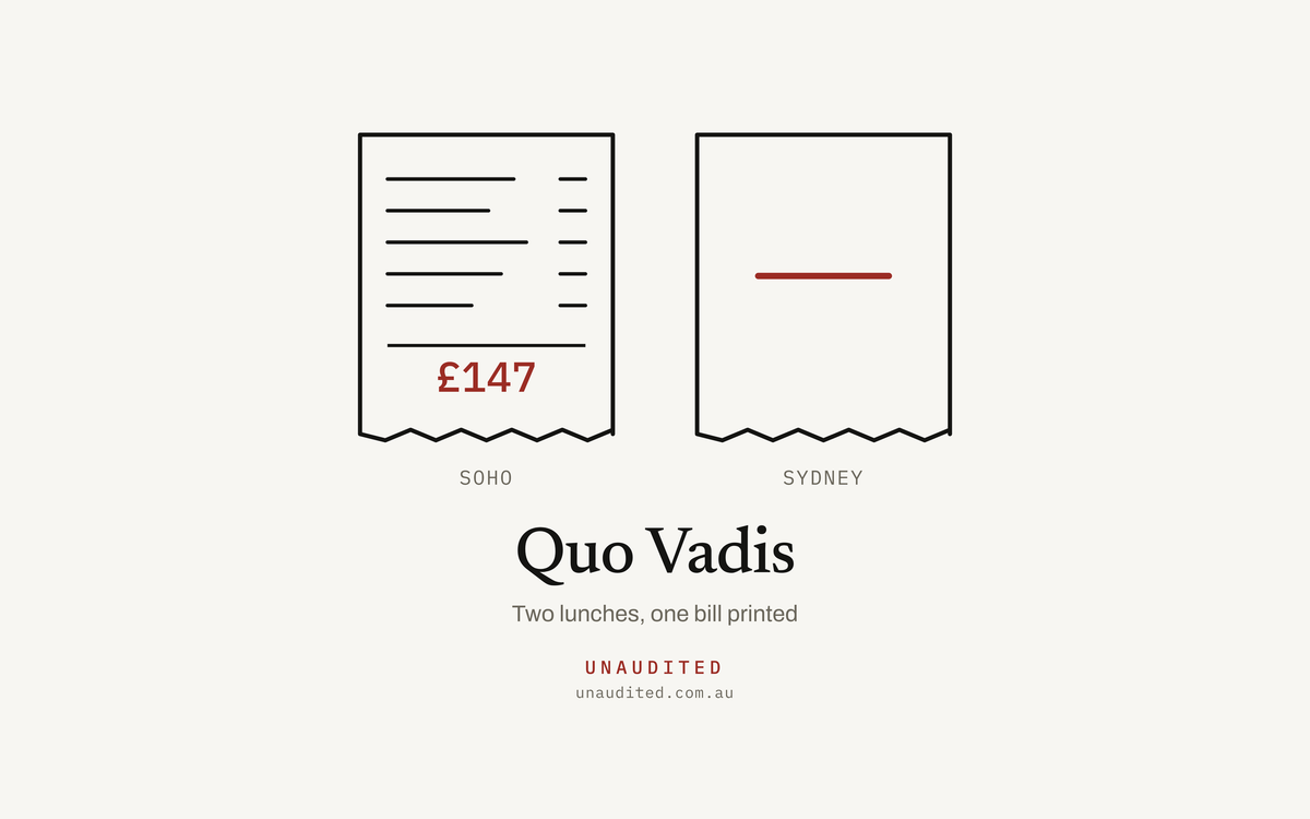 Illustration for Quo Vadis: two lunches, one of them with a receipt. Nick Abrahams, Lawpath and the TPG Telecom Foundation