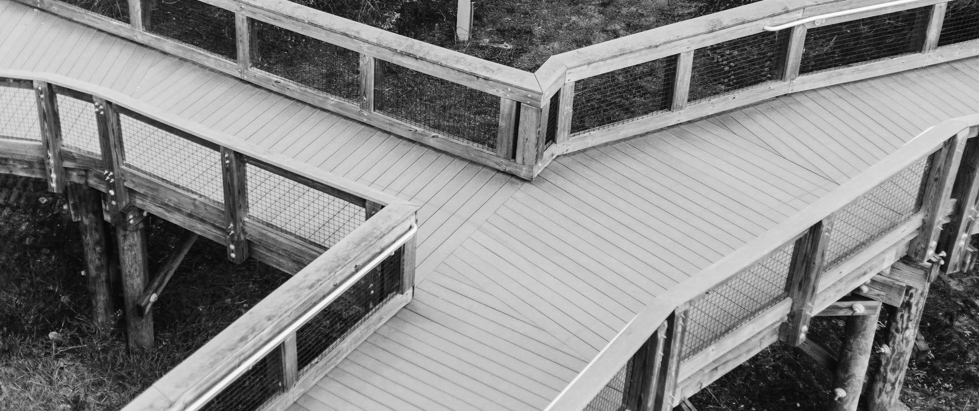 An aerial view of a wooden walkway in the woods