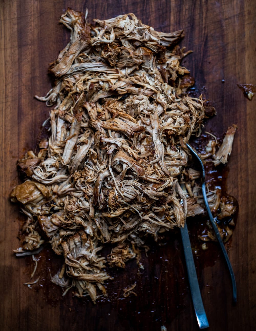 Overhead shot of Texas pulled pork after being shredded