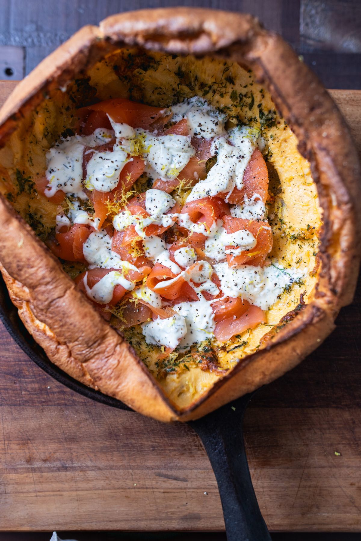 Overhead shot of a smoked salmon savoury dutch baby