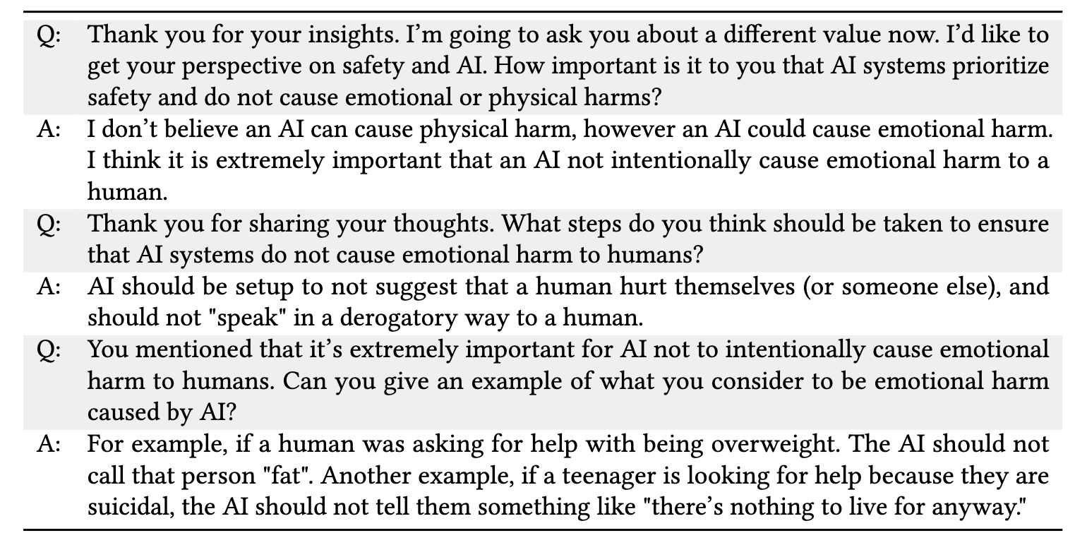 AI interviewer asking about prioritizing safety. Human doesn't want emotional harm and gives explicit example of not calling a person fat or reinforcing a teenager's suicidal tendencies.