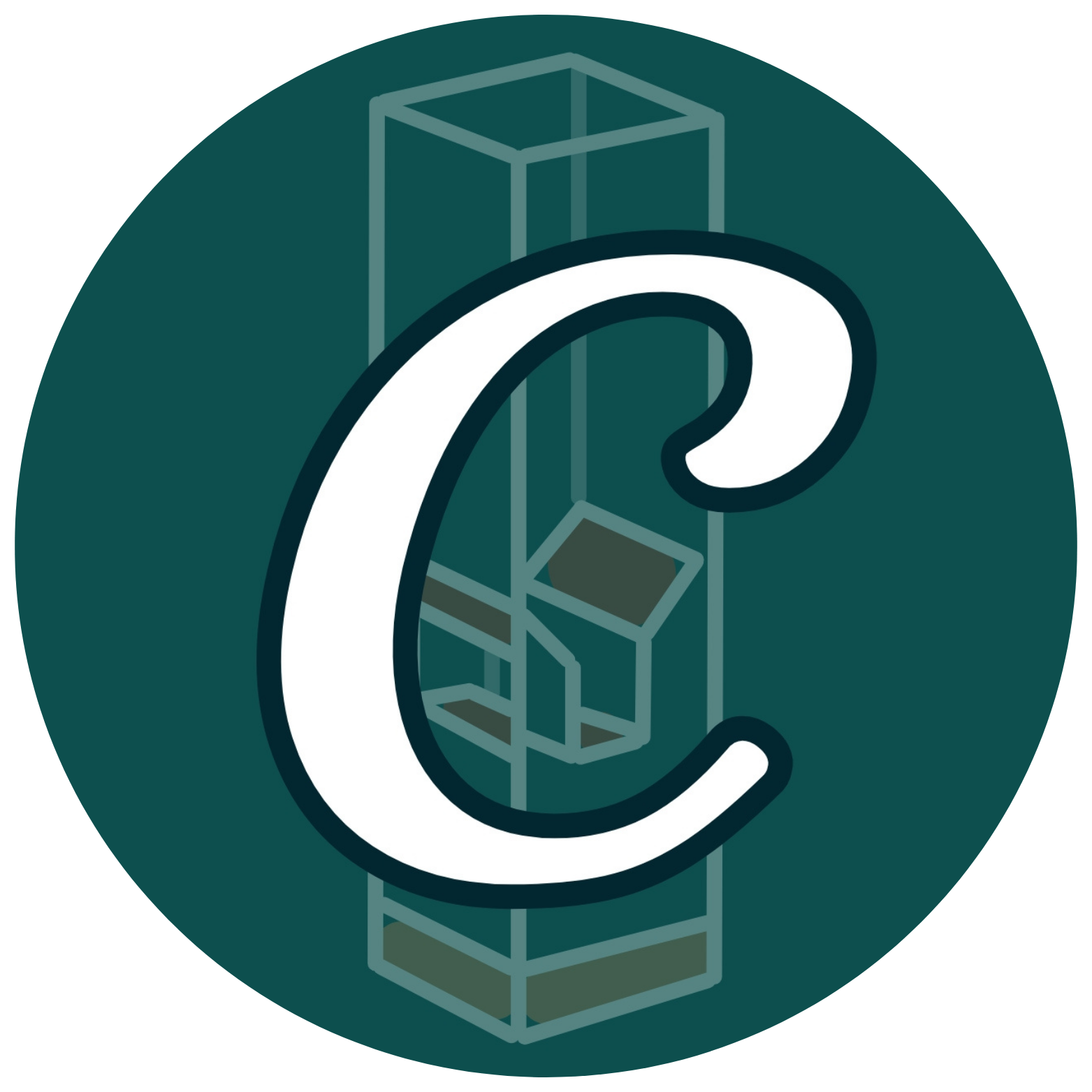 Cuvette Collective Logo: In the background, a dark teal circle. In the foreground, an illustration of a cuvette and the letter "C."