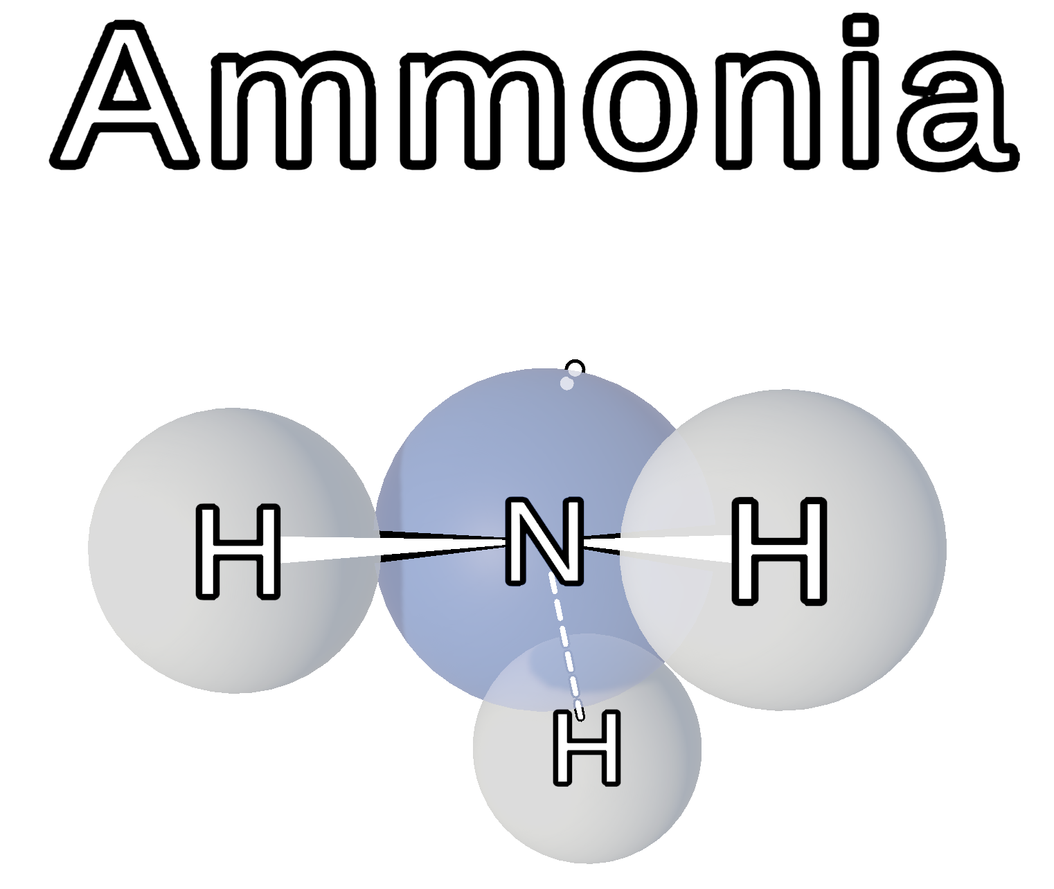 Space-filling model of ammonia on a black background, labeled Ammonia. A blue nitrogen bonded to three gray hydrogens in a trigonal pyramid, with atom letters on each sphere and a lone-pair mark on nitrogen.