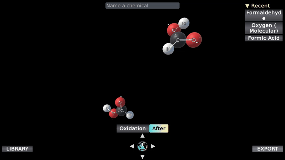 Genesis interface showing a 3D oxidation step (formaldehyde / formic acid structures) with Oxidation After selected, Library and Export buttons visible, search and Recent list, and the beaker-globe navigation control.