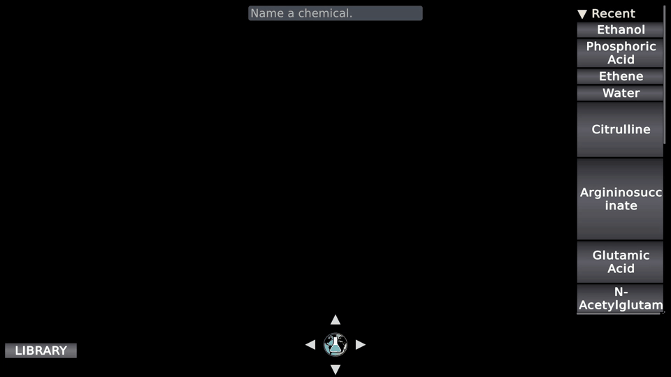 Genesis library view with categories including Reaction Families, a Name a chemical search field, Recent entries, and Library plus D-pad controls.
