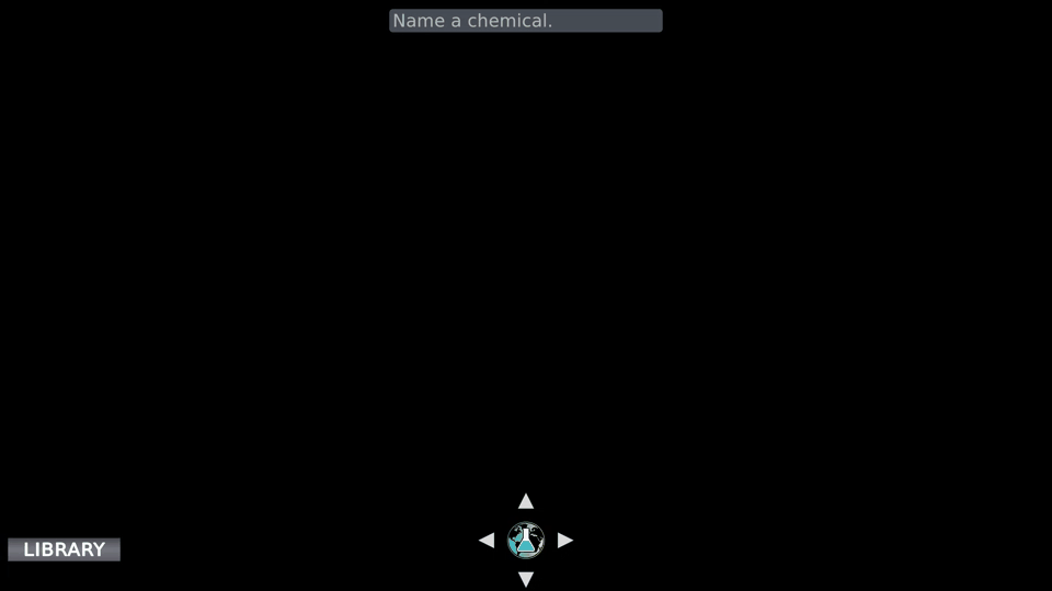 Genesis interface on a black screen with a “Name a chemical” search field, a Library button, and a central beaker-and-globe control surrounded by four navigation arrows.