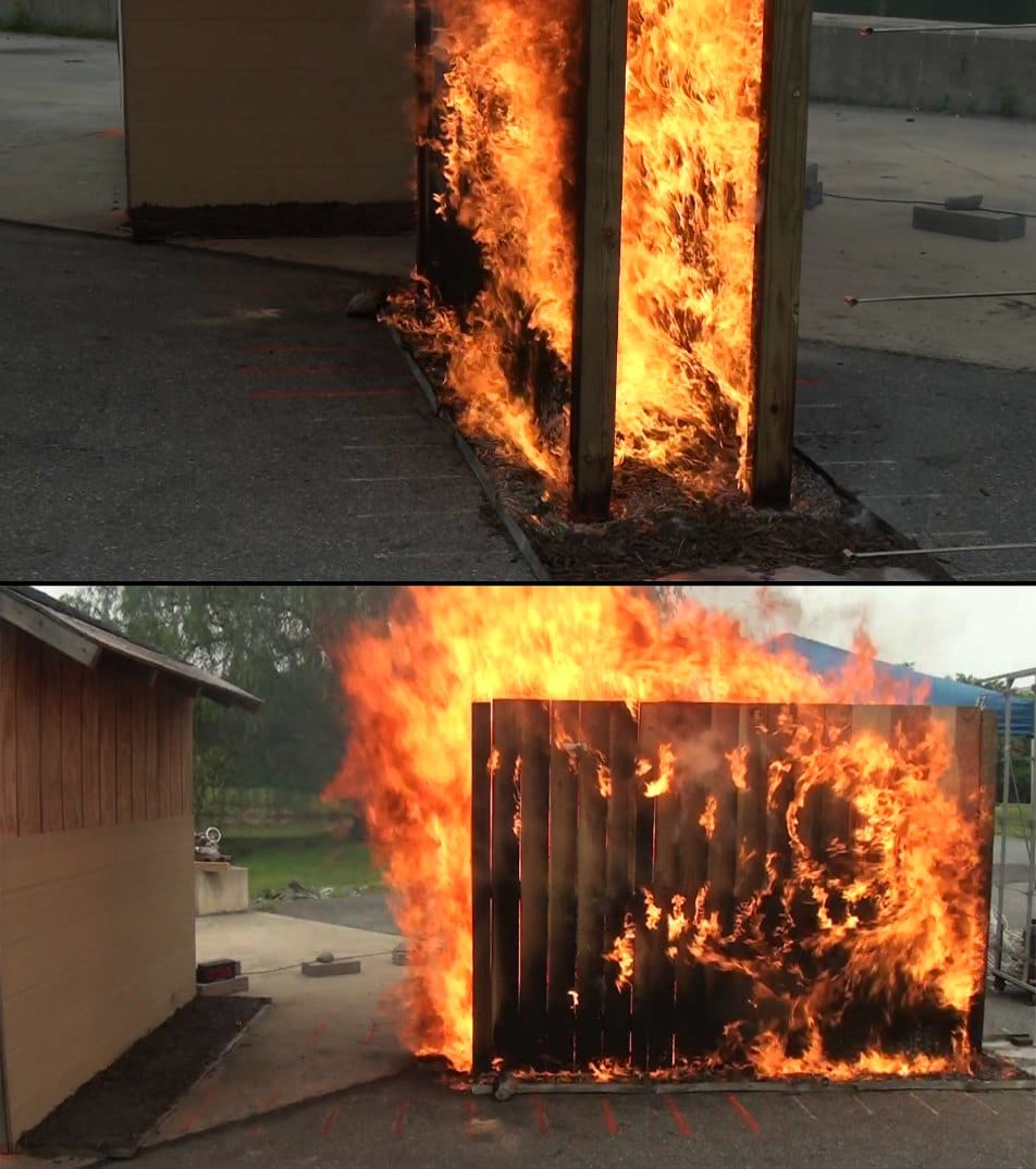 Two views of a NIST test in which wooden privacy fences standing on a mulch bed burn with tall flames beside a small test building.