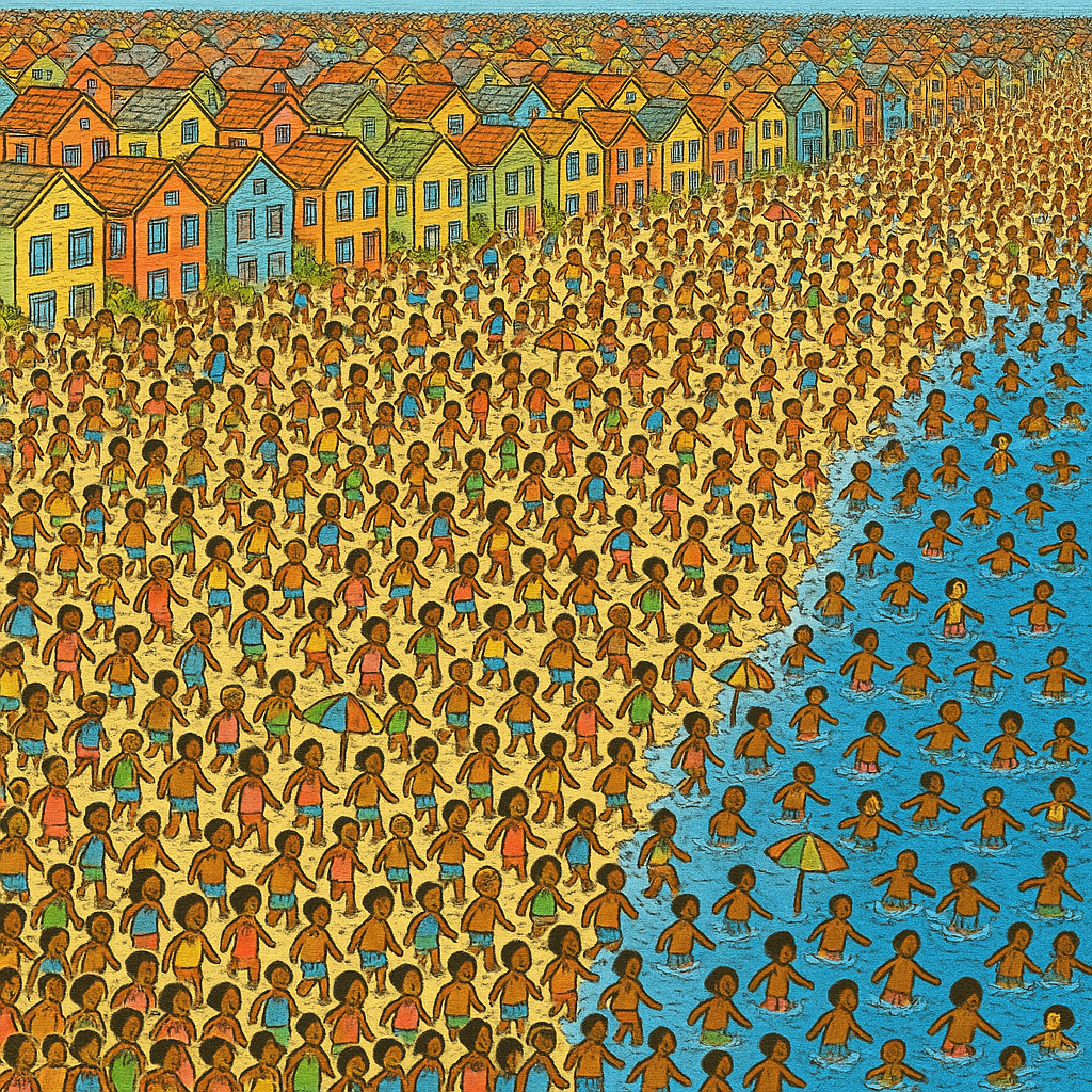 A cartoon image of a beach brimming with people. It's very busy both on the sane and the sea with barely and space left. Behind them are rows and rows of houses stuck to each other.