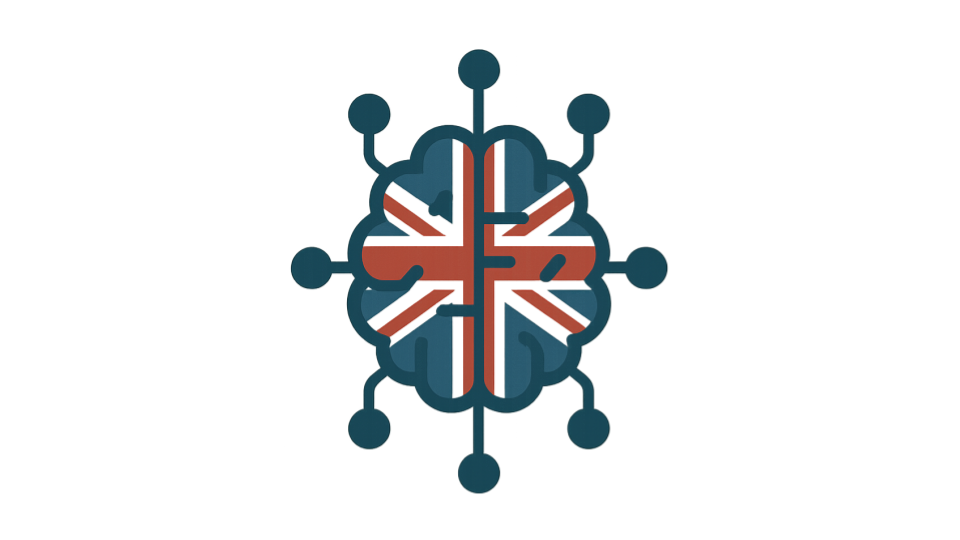A brain diagram with nodes coming out of it to evoke AI, coloured in the colours of the Union Jack.