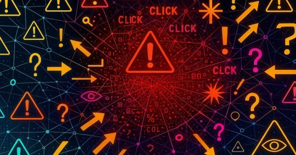 A busy web of connections, arrows, alert signs and clicks that evoke how filled the web is with clickbait, tracking and ways to capture out attention