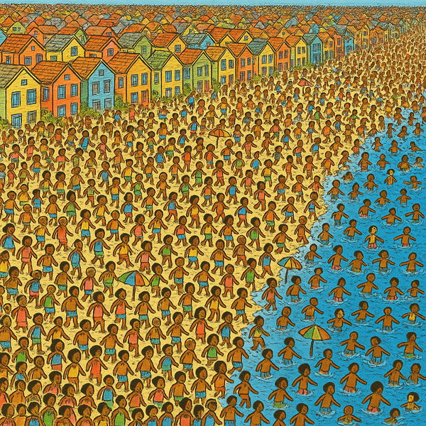 A cartoon image of a beach brimming with people. It's very busy both on the sane and the sea with barely and space left. Behind them are rows and rows of houses stuck to each other.