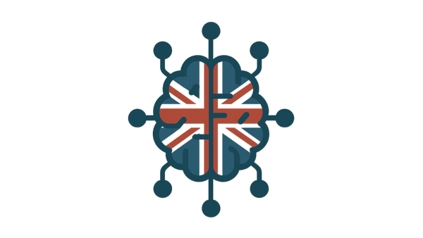 A brain diagram with nodes coming out of it to evoke AI, coloured in the colours of the Union Jack.