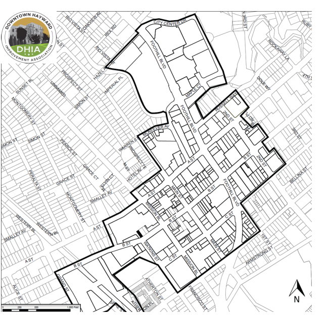 Map of the boundaries of the Downtown Hayward Improvement Association