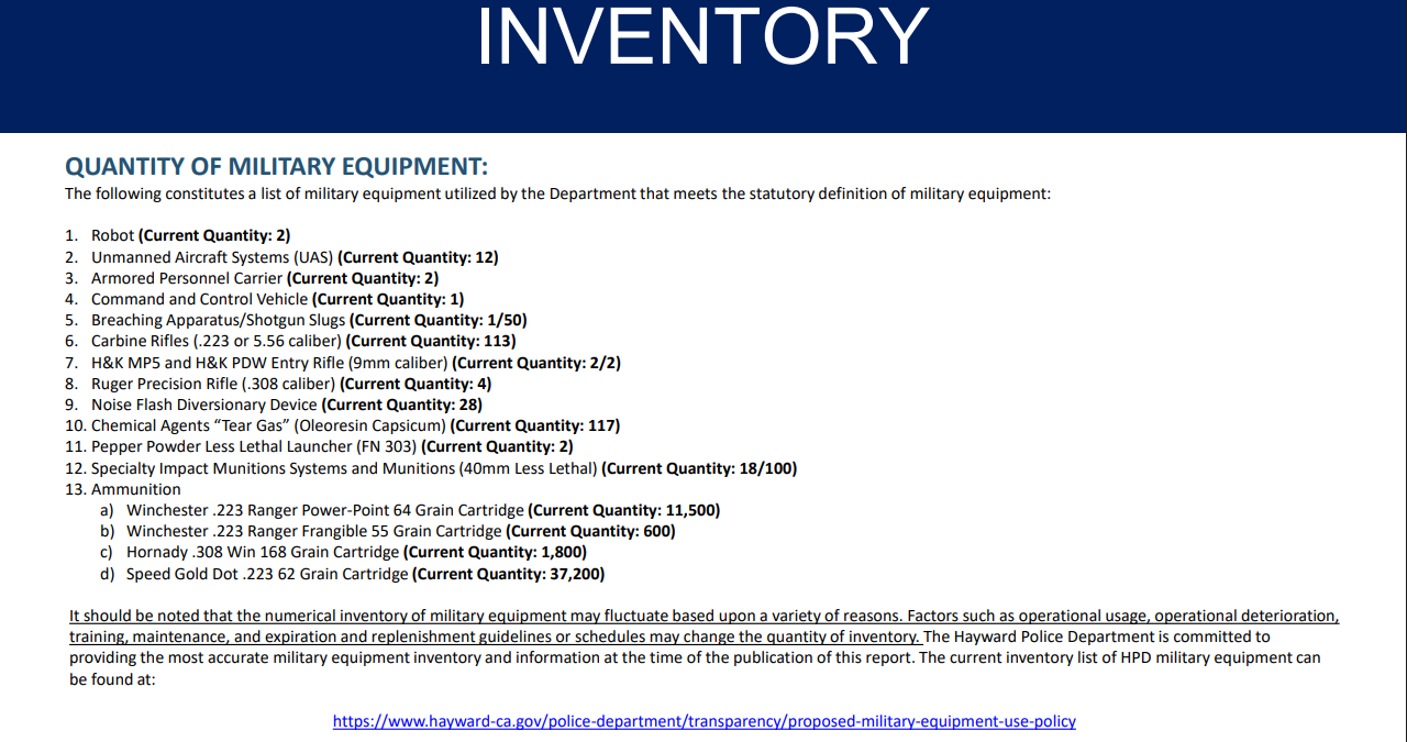 List of military equipment in HPD's possession.