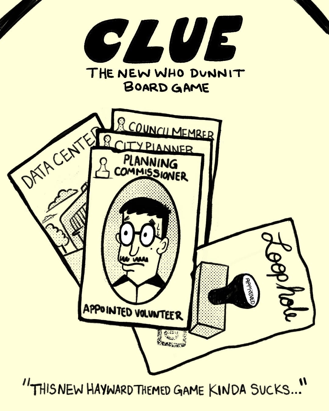 Illustration from a Clue board game, including data center-themed cards. The caption reads "This new Hayward themed game kinda sucks...