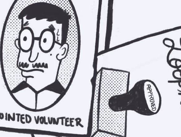 Detail of this week's comic, with a worried man and a stamp featured. 
