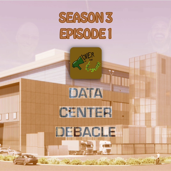 Image of data center featuring logo and the title of the episode, data center debacle. 