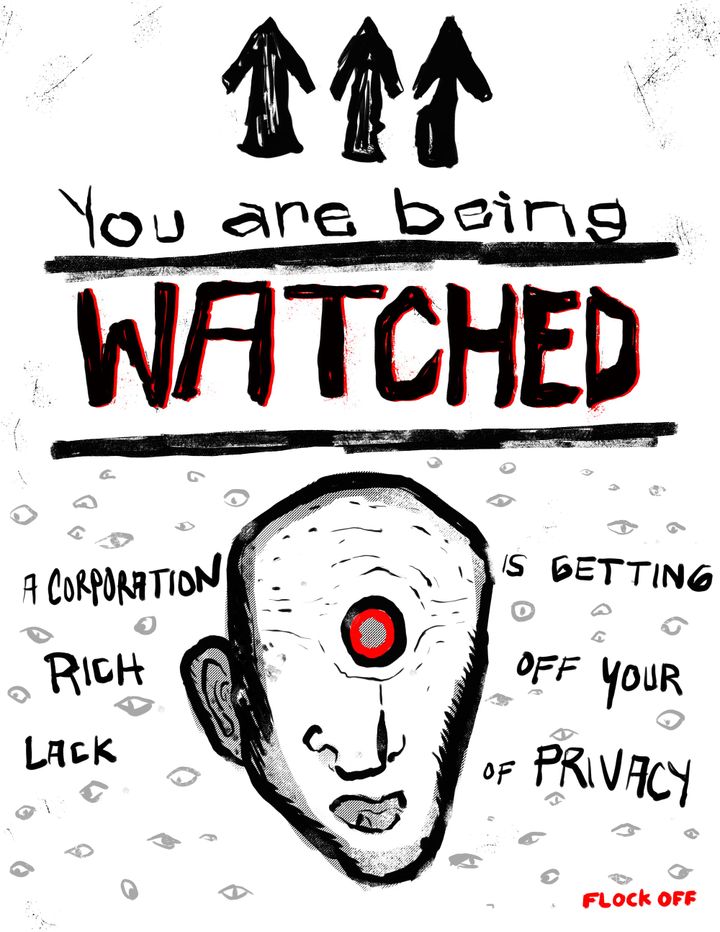 Image of a cyclopean head surrounded by eyes. Text reads "You are being watched. A corporation is getting rich off your lack of privacy."