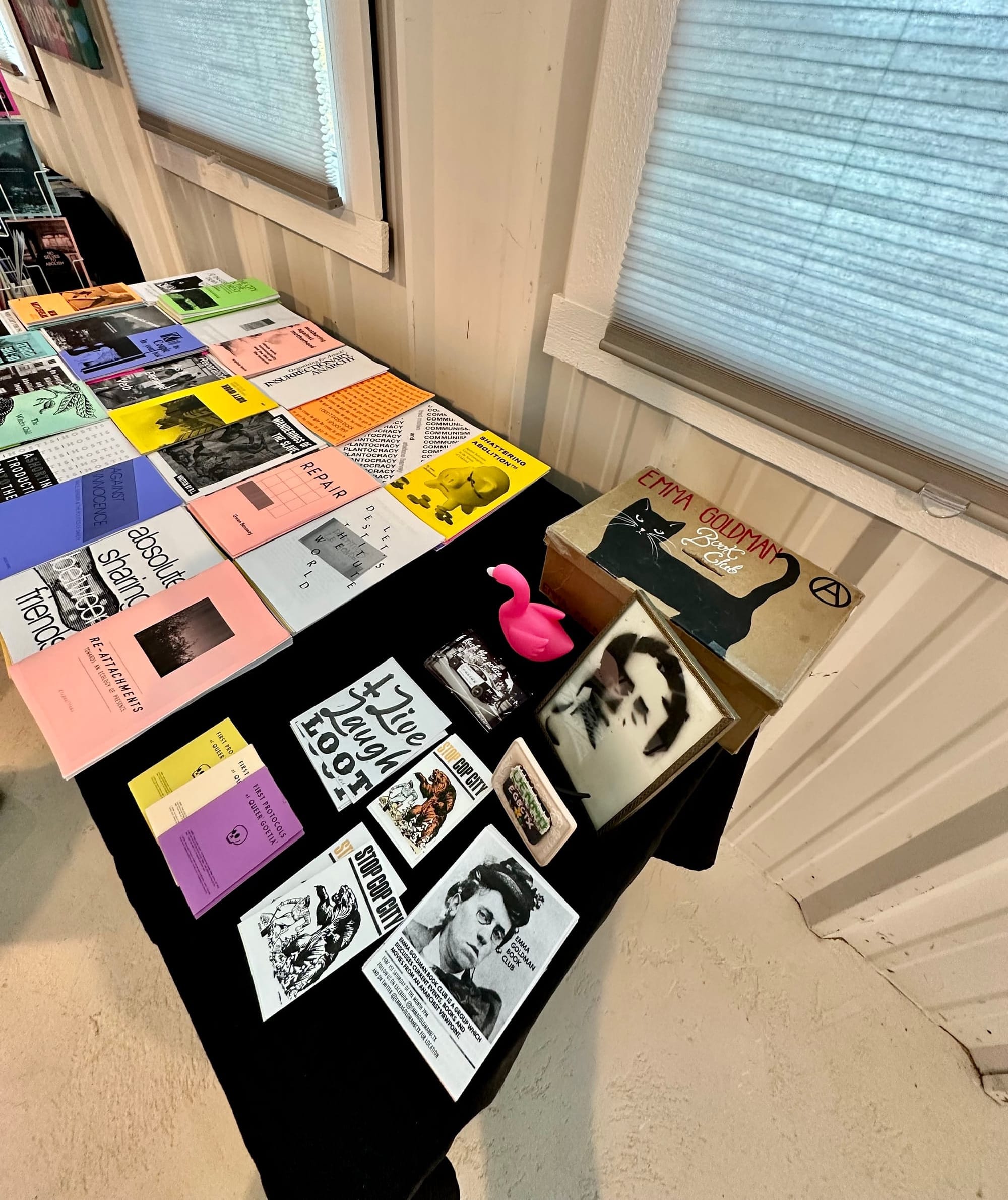 A table full of colorful half-size zines, stickers, pictures of Emma Goldman, and a toy flamingo.
