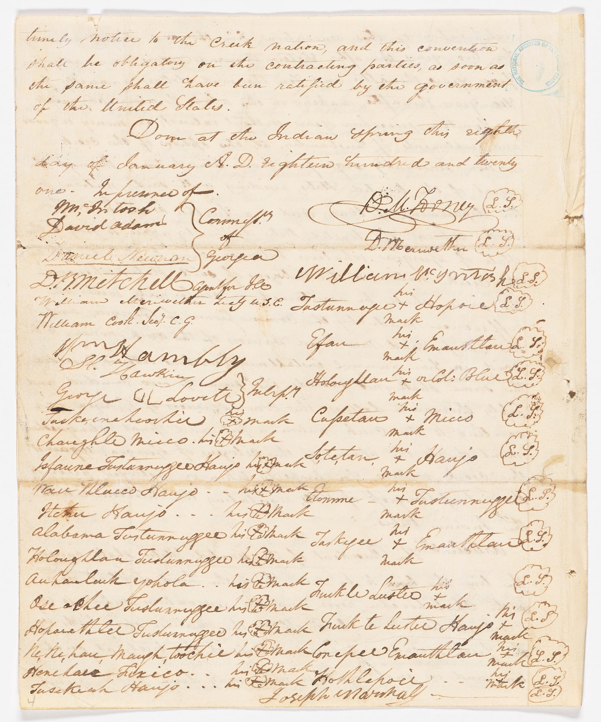 The signature page of an 1821 treaty.
